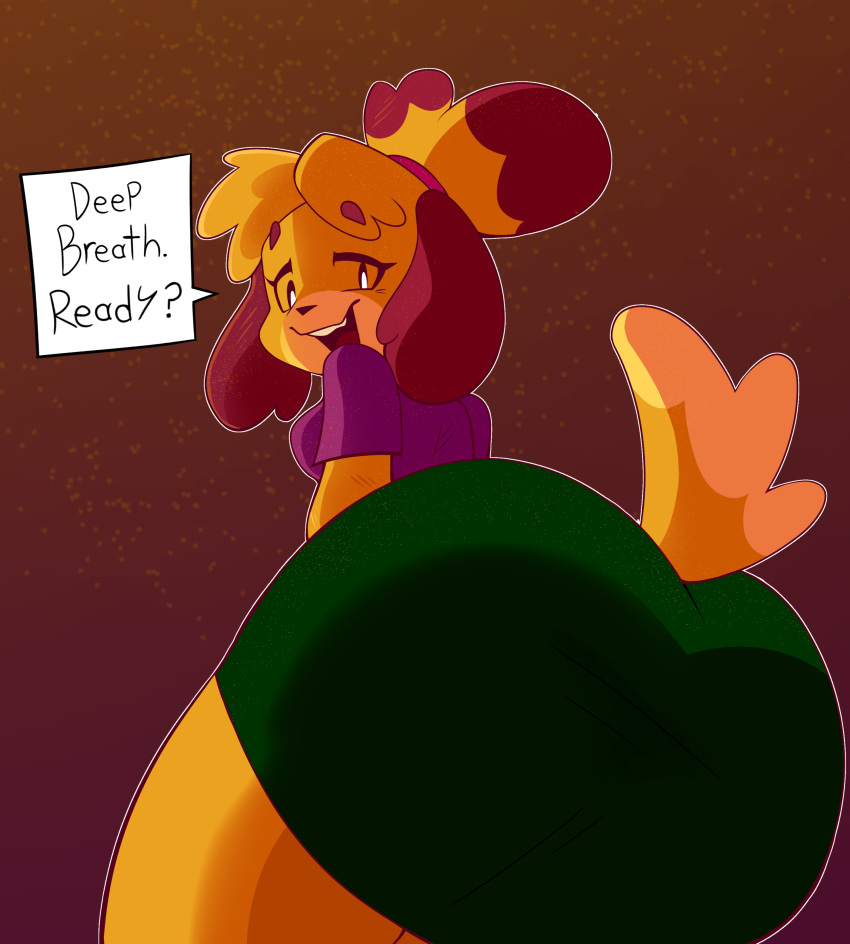 1girls animal_crossing anthro ass ass_focus clothed female fully_clothed imminent_facesitting isabelle_(animal_crossing) large_ass pov text text_box tysobro