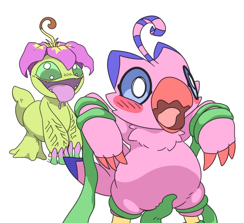 anthro avian bakothemimic bandai_namco beak bird biyomon blue_eyes blush bodily_fluids claws covered_pussy digimon digimon_(species) duo feathers female female/female flower_on_head forced green_body green_sclera green_tentacles hi_res looking_at_another open_mouth palmon pink_body pink_feathers plant rape restrained saliva sex simple_background standing surprised_expression tentacle tentacle_on_pussy tentacle_rape tentacle_sex tongue tongue_out vines white_background