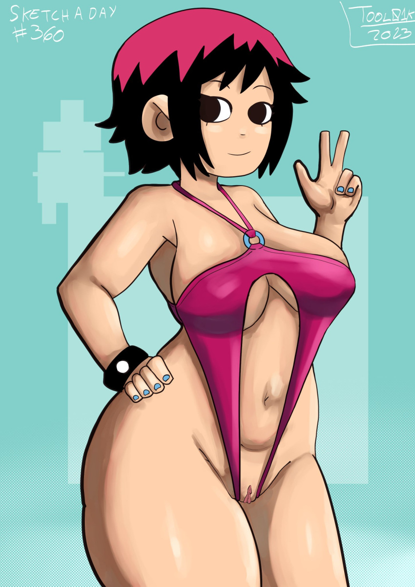 1girls big_breasts black_hair cleavage female female_only front_view looking_at_viewer multicolored_hair navel o-ring o-ring_swimsuit page_360 pink_hair pussy ramona_flowers scott_pilgrim solo solo_female solo_focus swimsuit thick_thighs tool01k wings