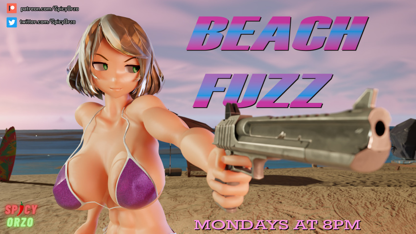 1girls 2023 3d abs beach bikini blender blonde_hair breasts emma_lange english_text female fit fit_female green_eyes gun huge_breasts misterorzo original purple_bikini short_hair solo spicyorzo text water