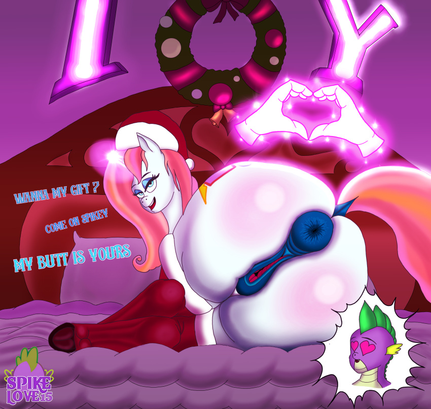 1girls alicorn anus bedroom_sex big_ass big_butt christmas christmas_clothing dragon fan_character hand happy_sex hasbro hooves light_body love_heart lying_on_bed lying_on_side magic my_little_pony new_year oc pink_light ponut pony princess_light_flight_(oc) spike_(mlp)