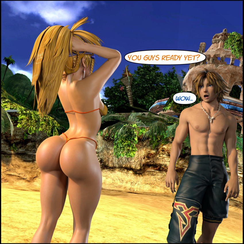 ass beach big_ass bikini bimbo blonde_hair brick_render bubble_butt dat_ass dialogue final_fantasy final_fantasy_x final_fantasy_x-2 huge_ass large_ass rikku skimpy_bikini small_breasts thong thong_bikini tidus