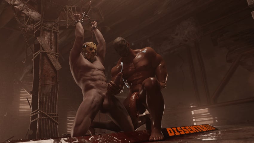 2boys 3d 3d_(artwork) bara barefoot basement boner crossover cum dead_by_daylight dissenter3d erection forced_ejaculation friday_the_13th hands_over_head jason_voorhees kneeling male_focus male_only mask nude penis penis_grab restrained the_trapper yaoi