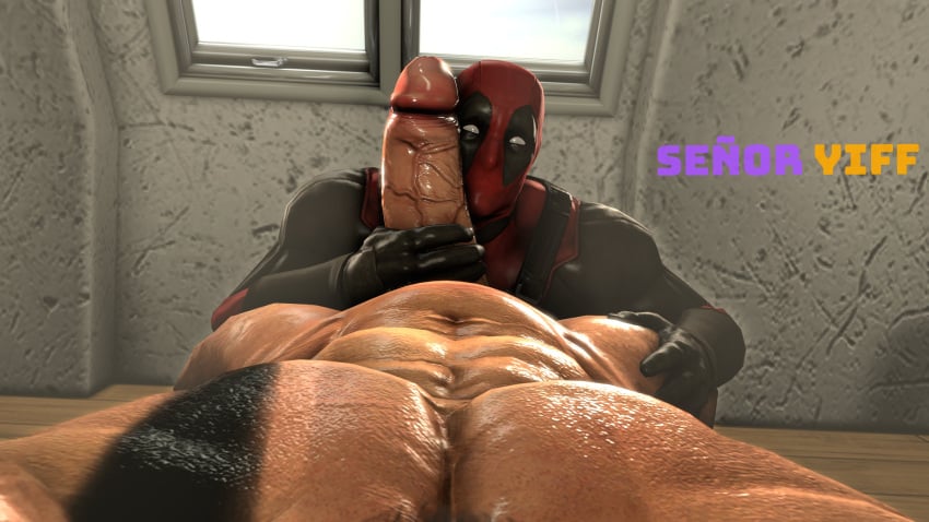 2boys 3d anonymous_character big_penis clothed clothed/nude clothed_male deadpool dissenter3d duo gay male_focus male_only marvel nude nude_male penis penis_against_face penis_grab pov presenting vein veiny_penis window yaoi