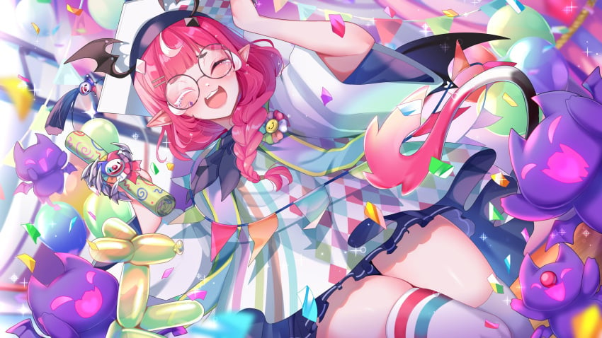 bangs blush braid camila_(vtuber) cimp_(camila) closed_eyes confetti demon_girl demon_tail fan_mascot_(vtuber) female glasses hat holding horns indie_virtual_youtuber long_hair open_mouth pink_hair pointy_ears round_eyewear smile solo succubus tail thighhighs virtual_youtuber wings