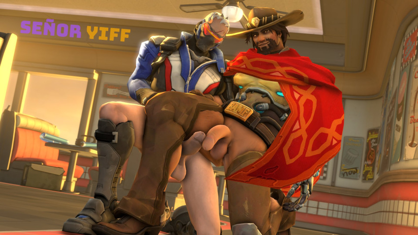 2boys bottomless cole_cassidy dissenter3d male_focus male_only overwatch penis soldier_76 undressing