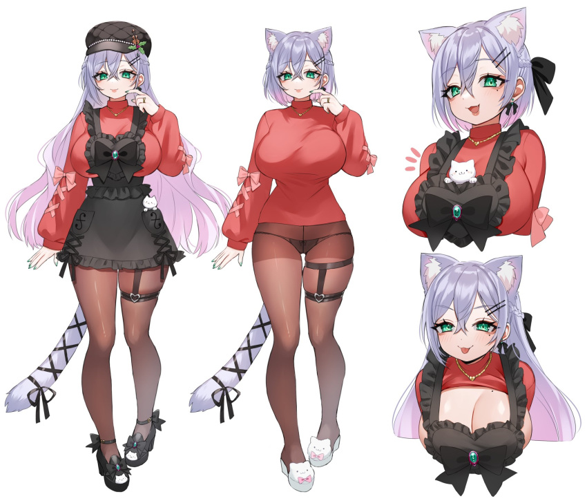 apron beauty_mark beauty_mark_on_breasts big_breasts black_panties breasts cat cat_ears cat_tail cleavage crossed_bangs female green_eyes grey_hair hairband hat high_heels highres hiiragi_emuri huge_breasts indie_virtual_youtuber large_breasts long_hair mole mole_on_breast mole_under_eye mythic_live necklace nemuaki panties short_hair silver_hair sitting slippers thigh_squish tights virtual_youtuber vtuber