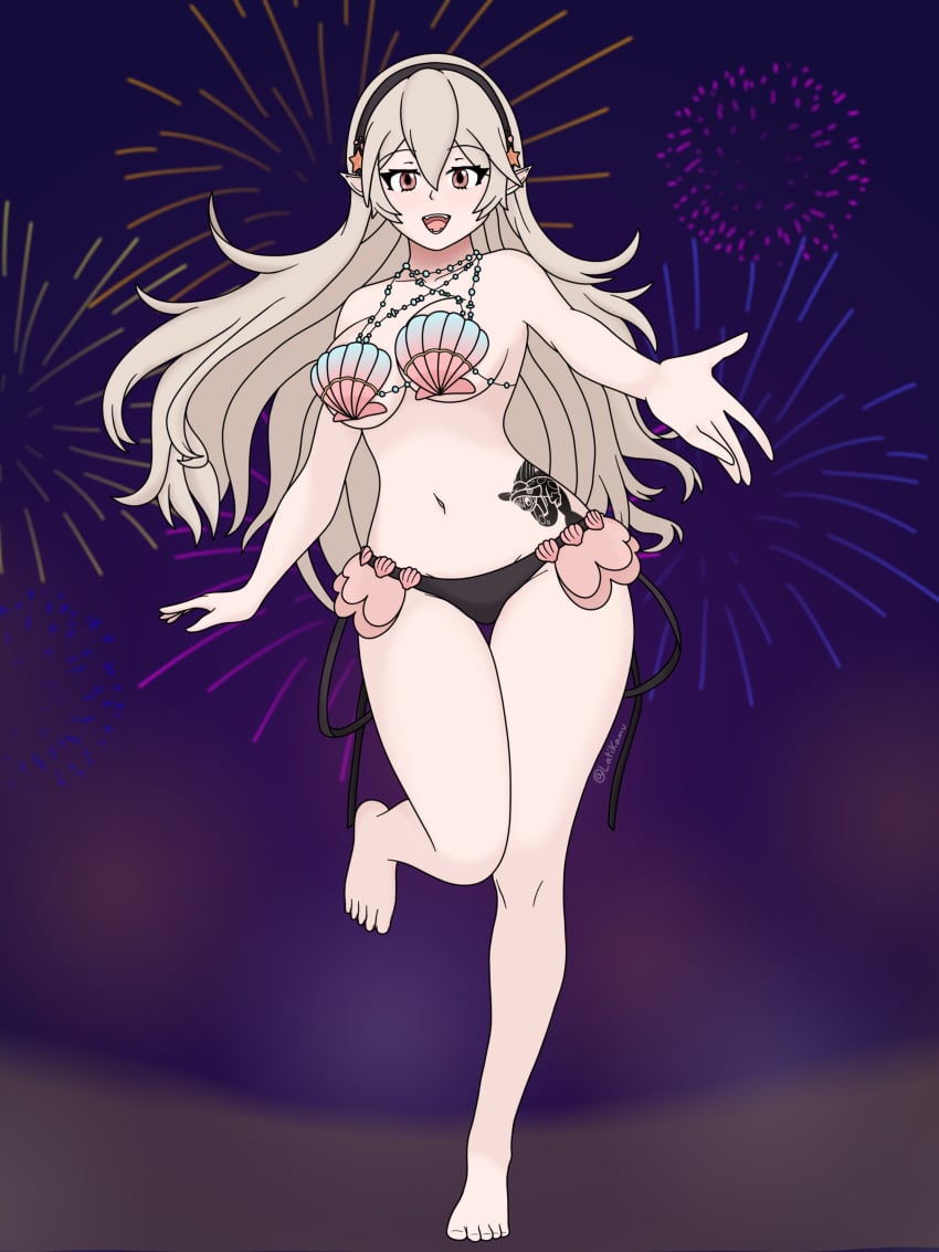 2024 alternate_costume bikini breasts corrin_(fire_emblem) corrin_(fire_emblem)_(female) female female_only fire_emblem fire_emblem_cipher fire_emblem_fates latikamu lilith_(fire_emblem) looking_at_viewer new_year nintendo official_alternate_costume open_mouth shell_bikini solo swimsuit tattoo year_of_the_dragon