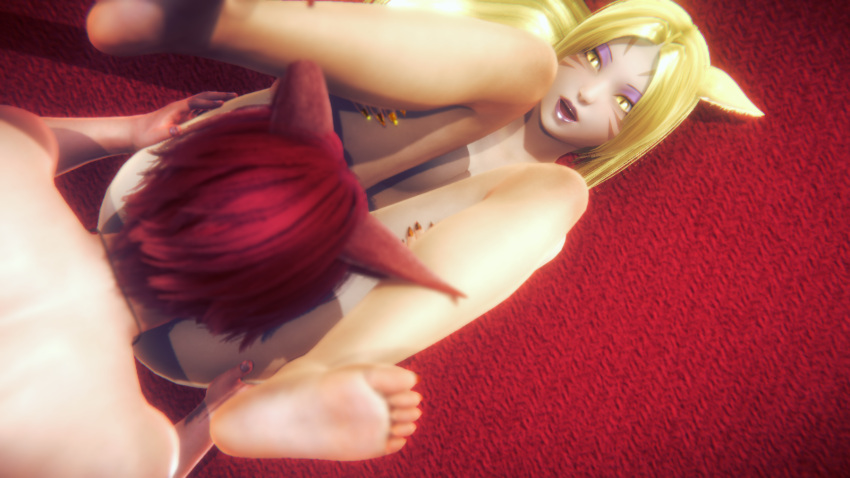 3d blonde_female blonde_hair blonde_hair_female cat_ears cat_girl cat_humanoid catgirl cunnilingus feet feet_up final_fantasy final_fantasy_xiv golden_eyes golden_nails haiga'tar legs legs_held_open legs_spread legs_up licking licking_pussy makeup male/female miqo'te naked naked_female nude nude_female riaykuras_playground ultraviira_donnerauge warrior_of_light_(final_fantasy_xiv)