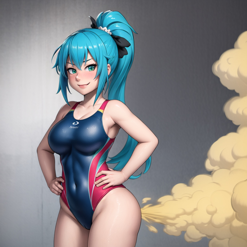 ai_generated blue_hair blue_one-piece_swimsuit breasts competition_swimsuit fart fart_fetish farting female green_eyes hands_on_own_hips highleg highleg_swimsuit large_breasts long_hair looking_at_viewer one-piece_swimsuit ponytail smile solo stable_diffusion standing swimsuit two-tone_swimsuit