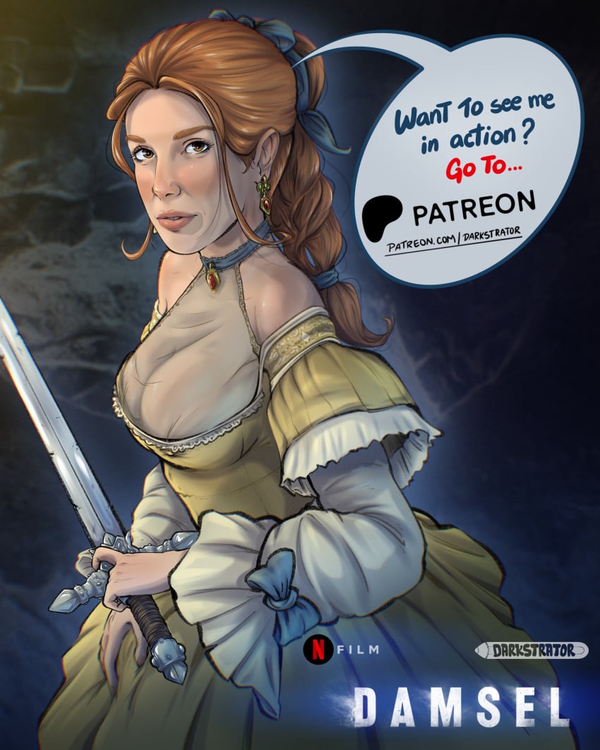 1girls actress breasts cleavage cleavage_dress damsel damsel_(netflix) darkstrator dress dress_down female large_breasts mbb millie_bobby_brown netflix patreon pixiv princess princess_elodie red_hair solo sword