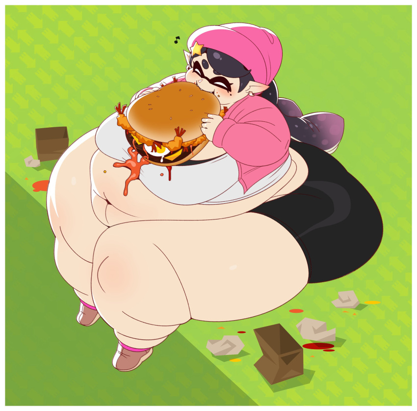 ass callie_(splatoon) curvy eating facesitting gigantic_ass hamburger huge_ass obese_female pants_down thick_thighs