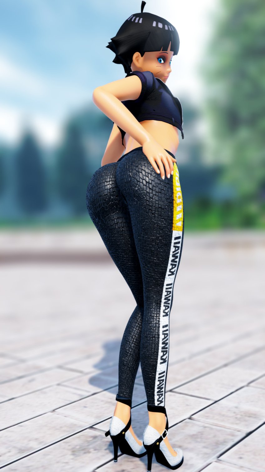 3d ass ass_focus black_hair blue_eyes boruto:_naruto_next_generations female female_only legs long_legs naruto naruto_(series) ponchi presenting short_hair smile text_focus uzumaki_himawari workout_clothes