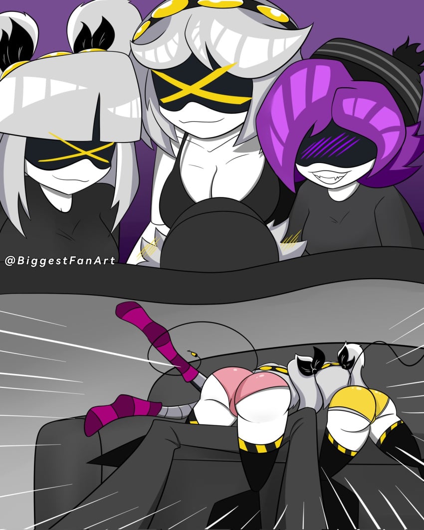 1robot_boy 2d 3robot_girls ass ass_focus big_breasts biggestfanart bows cleavage female_only hat j_(murder_drones) leggings murder_drones n_(murder_drones) purple_hair purple_light robot sharp_teeth tail twintails uzi_(murder_drones) v_(murder_drones) watermark white_hair yellow_eyes yellow_lights yellow_panties