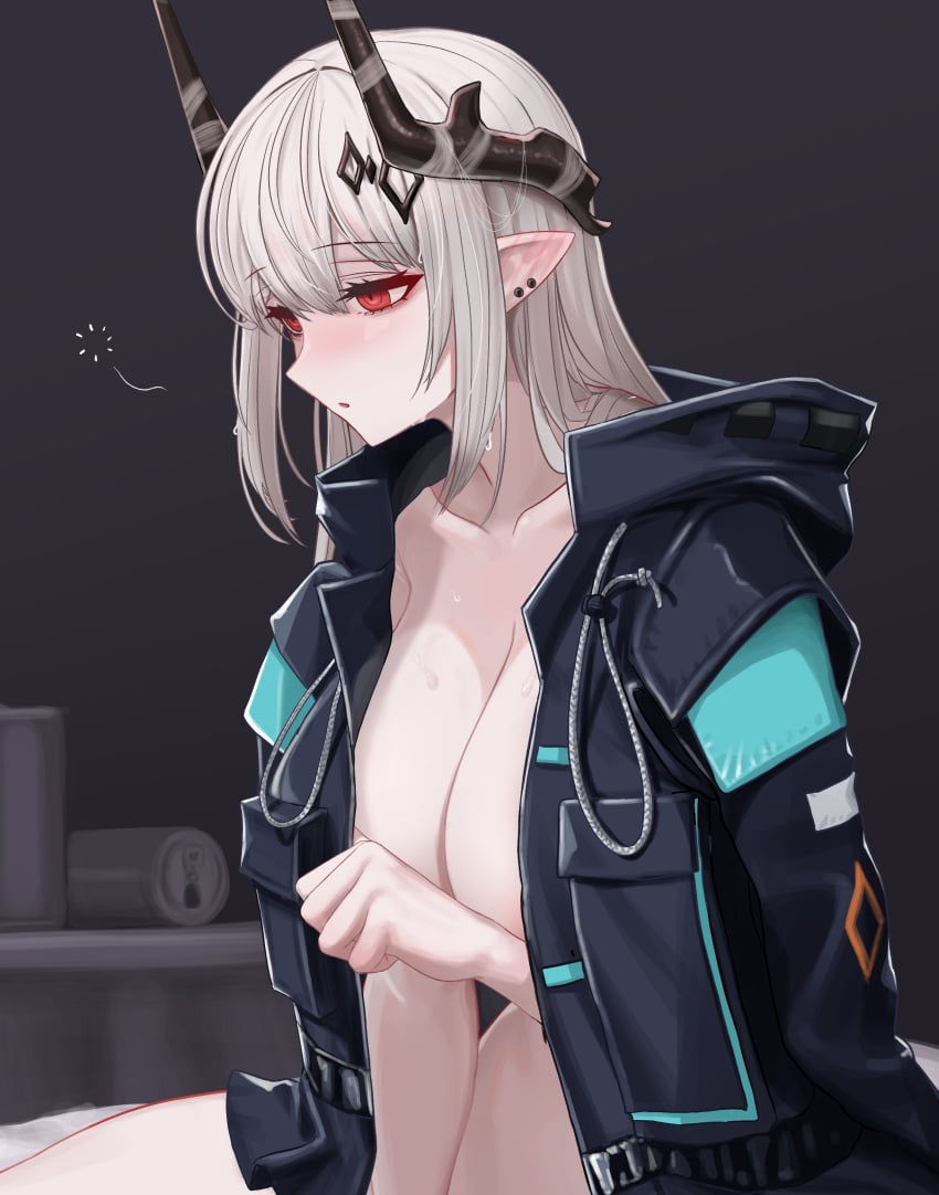 1girls arknights breasts female female_focus female_only horns jacket jacket_on_shoulders jacket_only jacket_open large_breasts light-skinned_female light_skin long_hair mildt mudrock_(arknights) pointy_ears red_eyes sleepy tagme white_hair