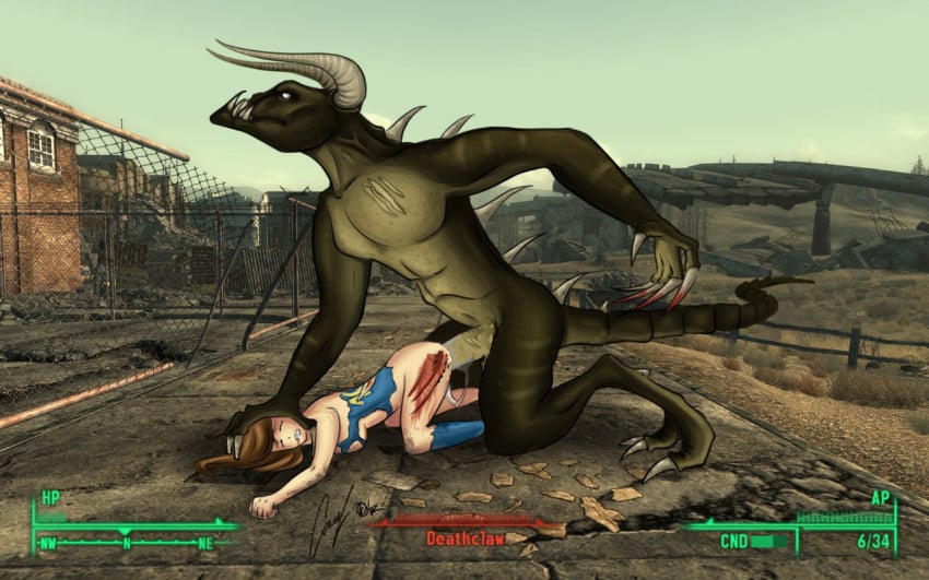 1boy 1girls blood brown_hair claws clothing day deathclaw doggy_style fallout fallout_3 female female_human female_penetrated femsub from_behind horns human injury jumpsuit lone_wanderer long_hair male male_deathclaw_(fallout) male_penetrating male_penetrating_female maledom monster nude nude_male penetration penis rape sex sharp_claws sharp_teeth tail teeth torn_clothes vault_suit