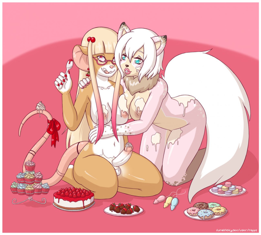 1futa 1girls 2014 anthro areolae balls black_nose blonde_hair blue_eyes bow breasts brown_fur cake chest_tuft circumcised cream cupcake doughnut erect_nipples erection eyewear feline female food fur furry futa_with_female futanari glasses hair hindpaw intersex kneeling large_breasts lips long_hair mammal mamori messy mouse nail navel nipples nude paws penis pink_fur pink_hair pink_nose rapps red_eyes rodent short_hair spoon strawberry thighs tuft white_fur white_hair