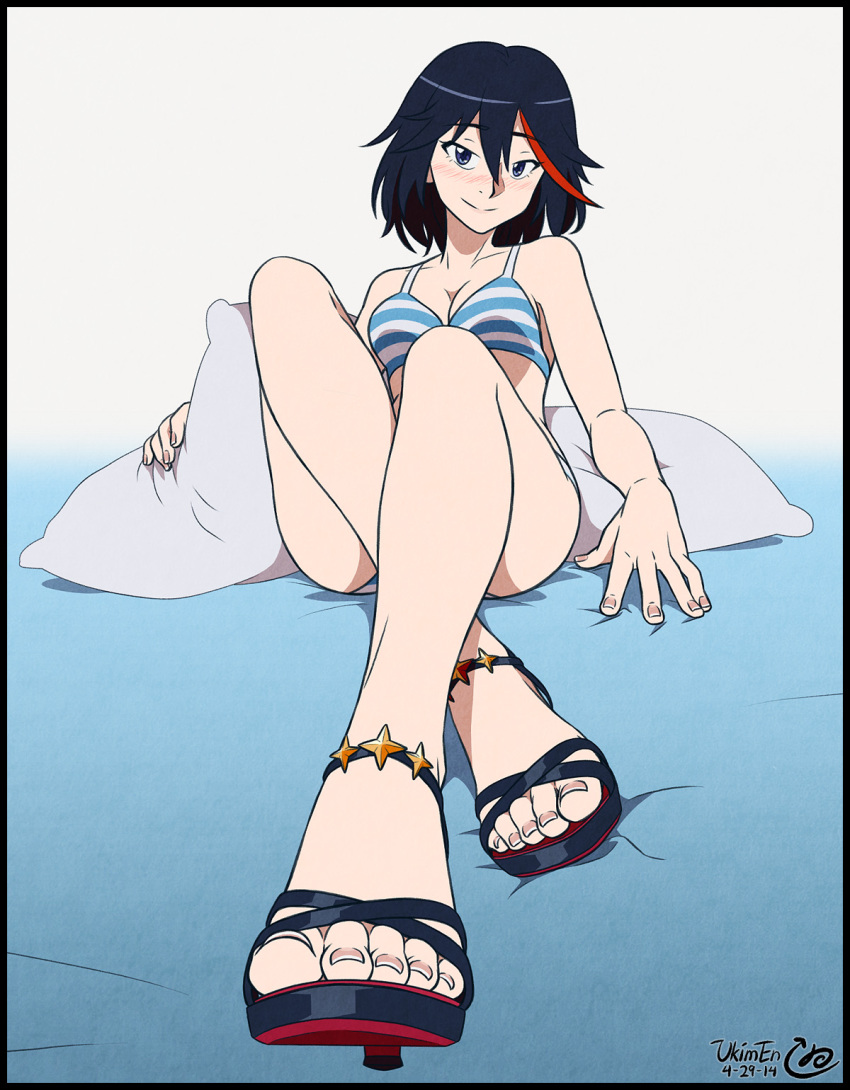 1girls black_hair blue_bra blue_eyes blue_panties blush bra breasts cleavage feet female female_only foot_fetish footwear foreshortening heels high_heels highres kill_la_kill legs long_legs looking_at_viewer matoi_ryuuko multicolored_hair open_toe_shoes pale-skinned_female pale_skin panties partially_clothed pillow pov_feet sandals shoes smile solo star striped striped_bra striped_panties toes two_tone_hair ukimen underwear underwear_only