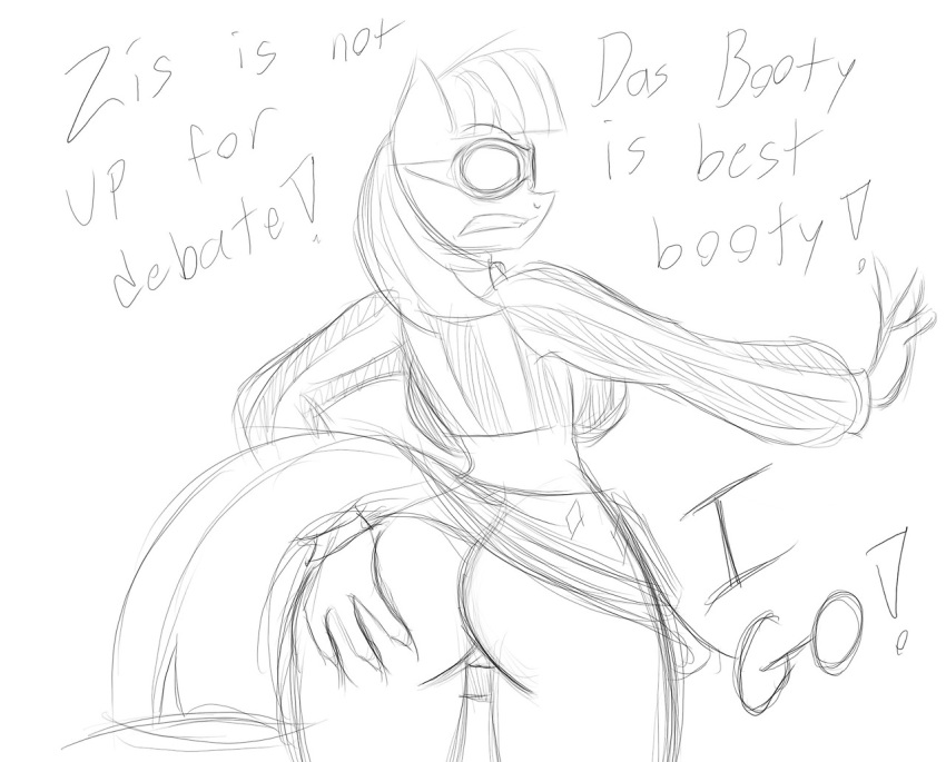 2014 anthro anthrofied ass black_and_white bottomless breasts dialog english_text equine female friendship_is_magic hair horse jrvanesbroek mammal monochrome my_little_pony photo_finish_(mlp) pony pussy sideboob sketch skirt solo text