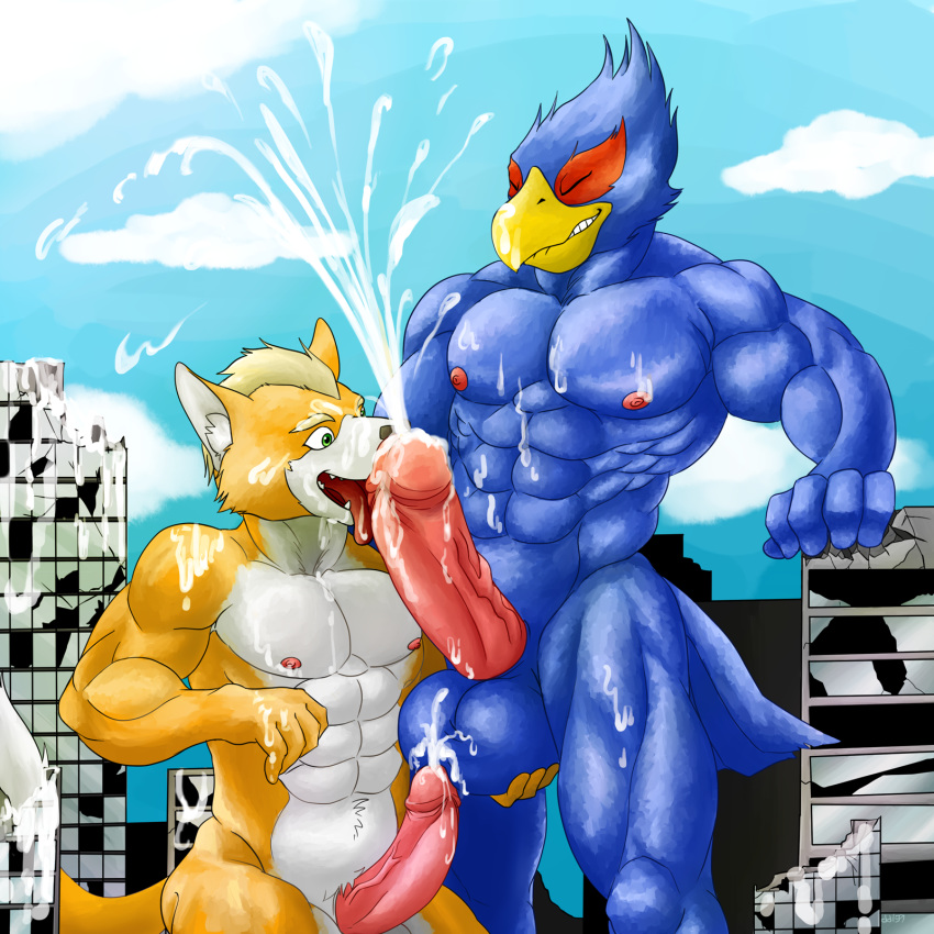 abs anthro avian ball_fondling balls biceps big_muscles big_penis blue_body brown_fur canine cum cum_on_chest cum_on_nipples cumshot dd159 erection falco_lombardi fangs feathers fox_mccloud fur furry humanoid_penis interspecies macro male male_only mammal multiple_males muscles nintendo nipples nude open_mouth oral orgasm pecs penis sheath star_fox tan_fur teeth toned tongue vein video_games white_fur yaoi