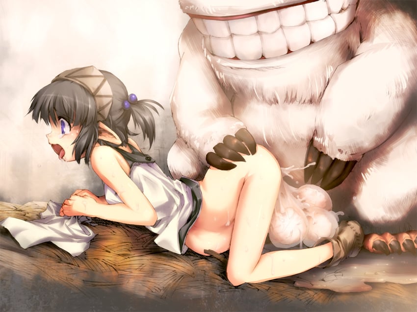 1girls birth black_hair clothing color elf female hitomaru insertion interspecies male monster open_mouth pointy_ears pregnant short_hair spread_legs tears tongue wide_eyed young