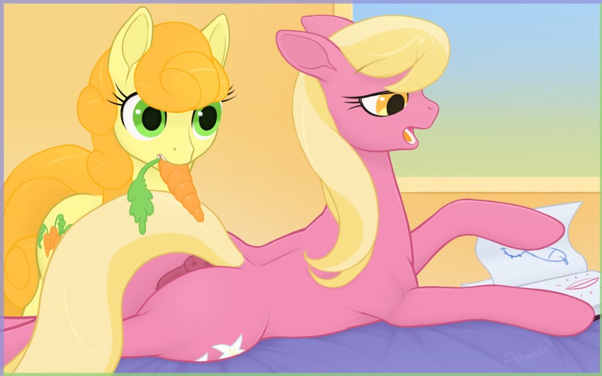 2014 anus arareroll carrot equine female feral friendship_is_magic golden_harvest_(mlp) horse lily_valley_(mlp) mammal my_little_pony pony pussy yuri