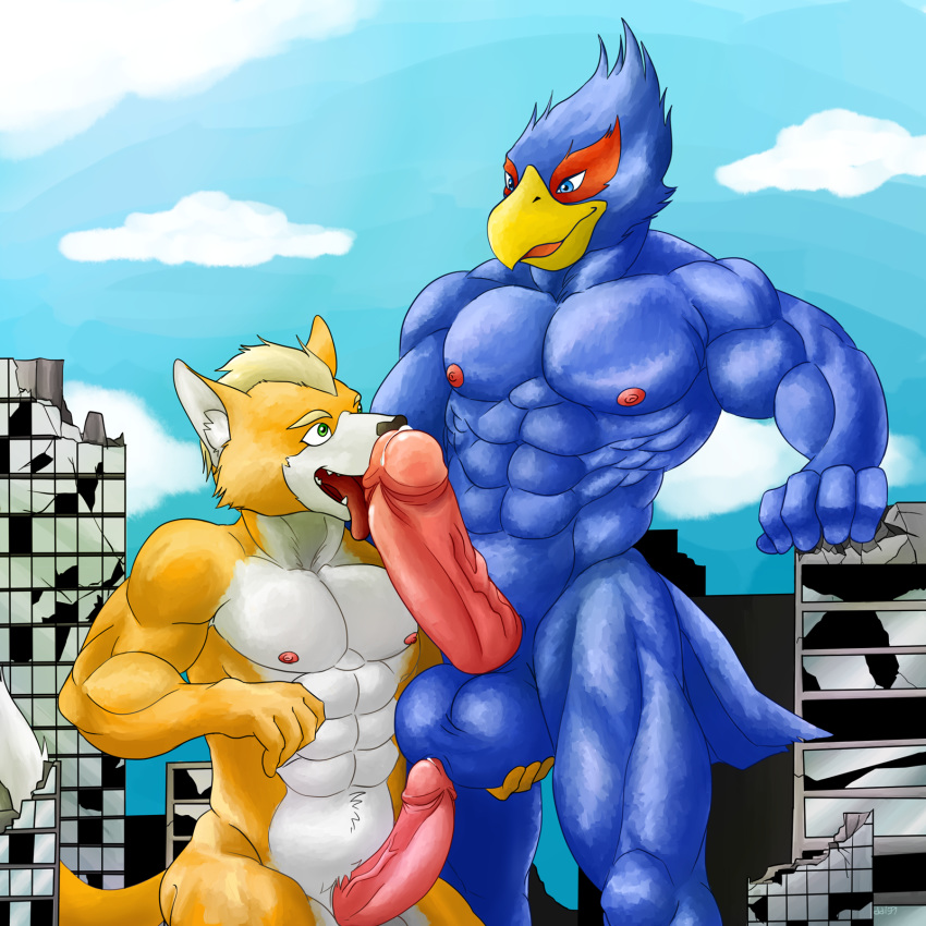 abs anthro avian ball_fondling balls biceps big_muscles big_penis blue_body brown_fur canine dd159 erection falco_lombardi fangs feathers fox_mccloud fur furry humanoid_penis interspecies macro male male_only mammal multiple_males muscles nintendo nipples nude open_mouth oral pecs penis sheath star_fox tan_fur teeth toned tongue vein video_games white_fur yaoi