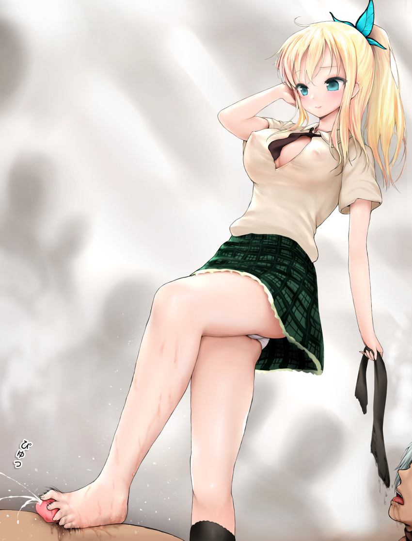 1boy barefoot blonde_hair blue_eyes blush boku_wa_tomodachi_ga_sukunai breasts butterfly_hair_ornament casual cum feet female footjob hair_ornament human kneesocks large_breasts nipples panties sayika school_uniform sena_kashiwazaki single_sock smile toes uncensored