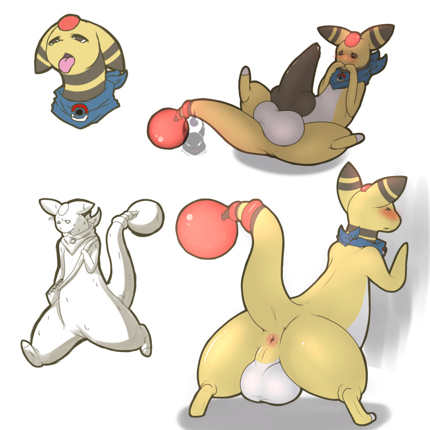 2014 ampharos anus ass balls big_balls big_penis black_penis blush cute erection hyper hyper_penis knot male male_only nintendo open_mouth penis pokemon pokemon_(species) redras_shoru sketch solo tongue video_games