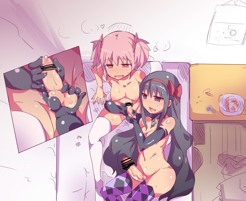 2futas akemi_homura bed blue_eyes breasts caressing_testicles censored cum elbow_gloves futa_on_futa futa_only futanari gedou_danshaku gloves hairband handjob human intersex long_hair lying madoka_kaname mahou_shoujo_madoka_magica multiple_girls nipples nude open_mouth pink_hair precum red_eyes rough testicles thighhighs tied_hair twintails white_legwear