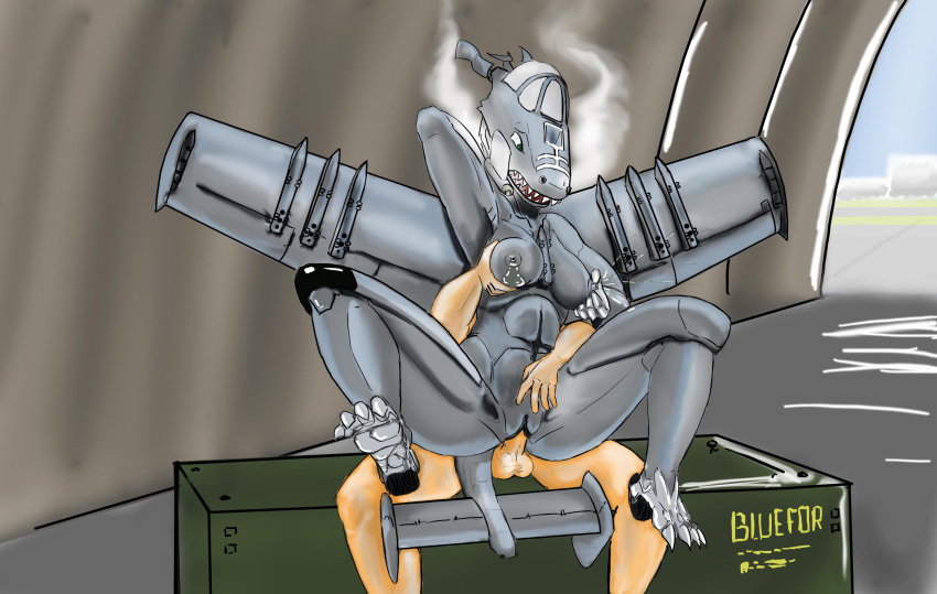 2012 a-10_warthog absurd_res aeromorph aircraft airplane anthro arm_behind_back arm_behind_head arm_up balls breast_grab breasts claws cowgirl_position duo female front_view grabbing grabbing_from_behind green_eyes hi_res human human_on_anthro humanoid interspecies lactation living_aircraft living_machine male male_human/female_humanoid mammal nipples original original_character penetration penis pussy redout reverse_cowgirl_position robot sex sharp_teeth smoke spread_legs spreading straight teeth vaginal_penetration wings