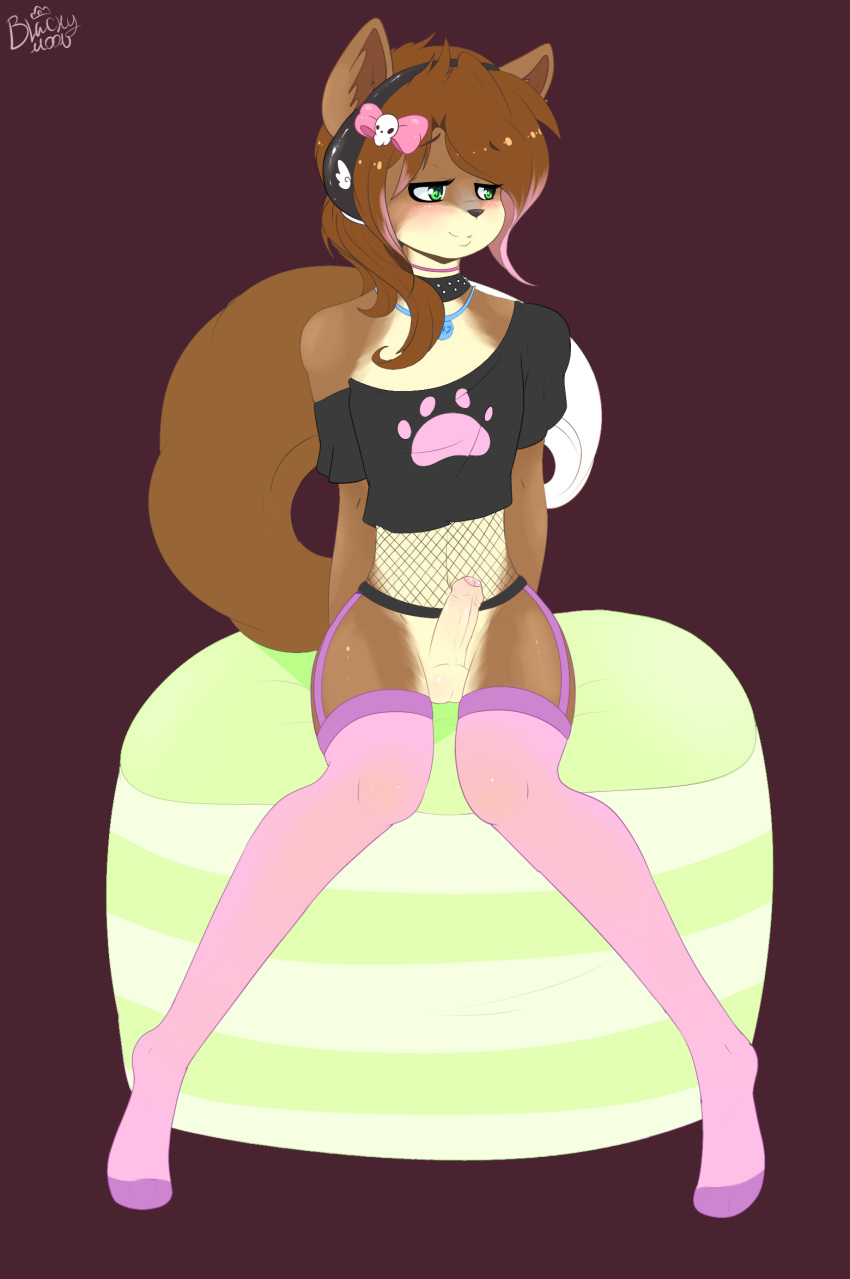 2014 anthro balls blacky-moon blush bow canine clothed clothes erection fur furry girly green_eyes hair hairbow hi_res long_hair looking_away mammal penis sitting stockings uncut