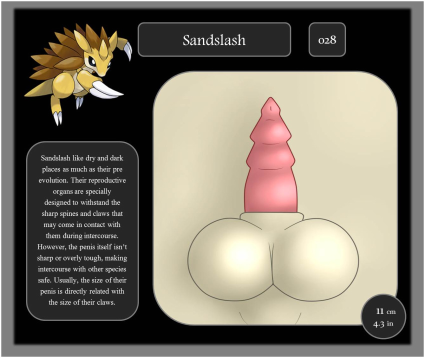 2014 armadillo balls erection feral furry furry_only male male_only nintendo penis pokedex pokemon pokemon_(species) sandslash solo text video_games zekromlover