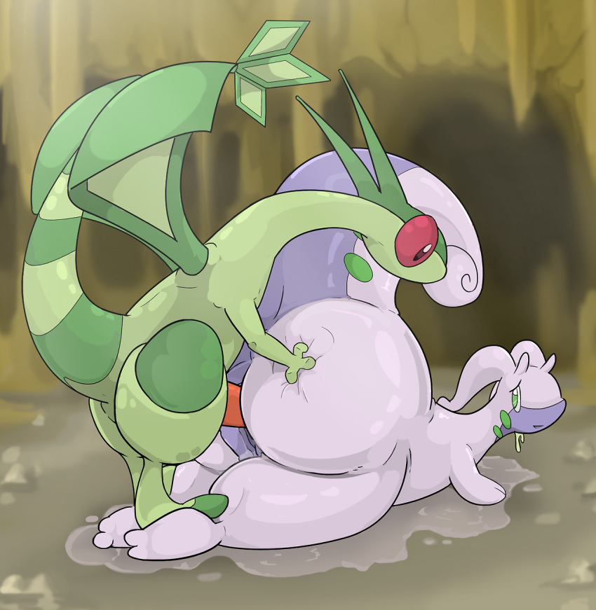 2014 ass ass_grab commoddity dragon duo female flygon goodra green_body looking_back lying male nintendo penetration penis pokemon pokemon_(species) raised_tail sex straight video_games wide_hips wings