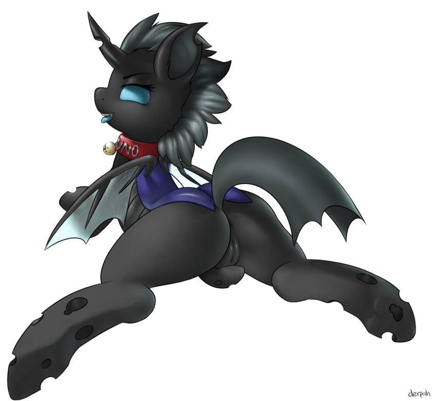 anus ass back_turned bell black_skin blue_sclera changeling collar derpah fangs grey_hair hair horn kuno kuno_(oc) looking_at_viewer looking_back lying my_little_pony on_front open_mouth plain_background pose presenting pussy raised_tail shaded signature smile spread_legs spreading teeth tongue tongue_out white_background wings