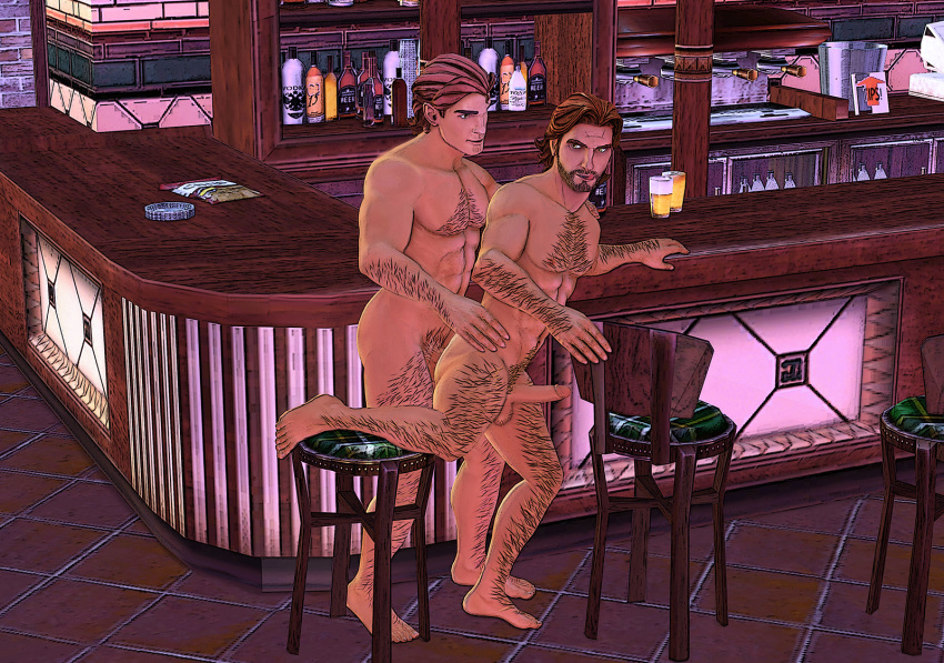 2boys 3d alcohol anal_penetration anal_sex bar bar_stool beard_stubble beast_(disney) beast_(twau) beverage big_bad_wolf bigby_wolf brown_hair canine cel_shading cel_shading_(retro) chair chest erect_penis fables from_behind_position game gay hair hairy hairy_body hairy_chest hairy_legs hairy_male human indoors legs_up male male_only mammal nude pecs penis prince_adam_(disney) public_domain sex standing_sex stool stubble stylized the_wolf_among_us tiles tongue_out video_games wolf wooden_floor yaoi yellow_eyes