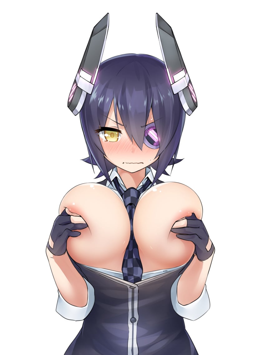 between_breasts black_hair blush breast_lift breasts breasts_out checkered_necktie covering_nipples eye_patch female fingerless_gloves gloves headgear highres kantai_collection large_breasts looking_at_viewer necktie necktie_between_breasts ninnzinn school_uniform short_hair simple_background tenryuu_(kantai_collection) white_background yellow_eyes