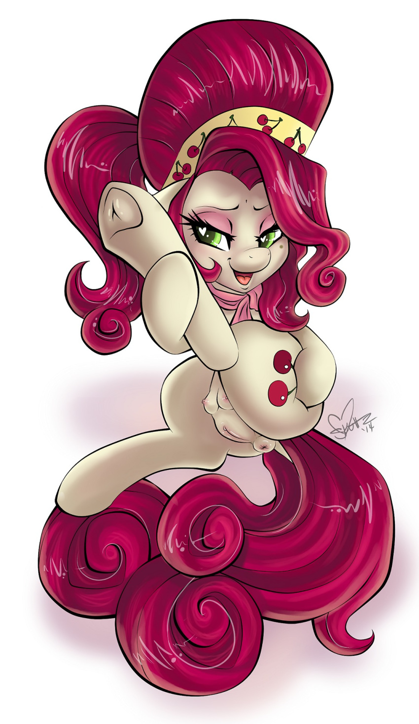 2014 anus cherry_jubilee_(mlp) crotchboobs cutie_mark equine eyelashes female feral friendship_is_magic green_eyes hair horse long_hair mammal my_little_pony one_leg_up open_mouth plain_background pony presenting pussy skuttz solo white_background