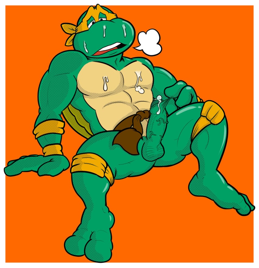 1boy anthro balls foreskin_pull male male_only michelangelo monkeysuit penis reptile scalie solo teenage_mutant_ninja_turtles turtle uncut vein