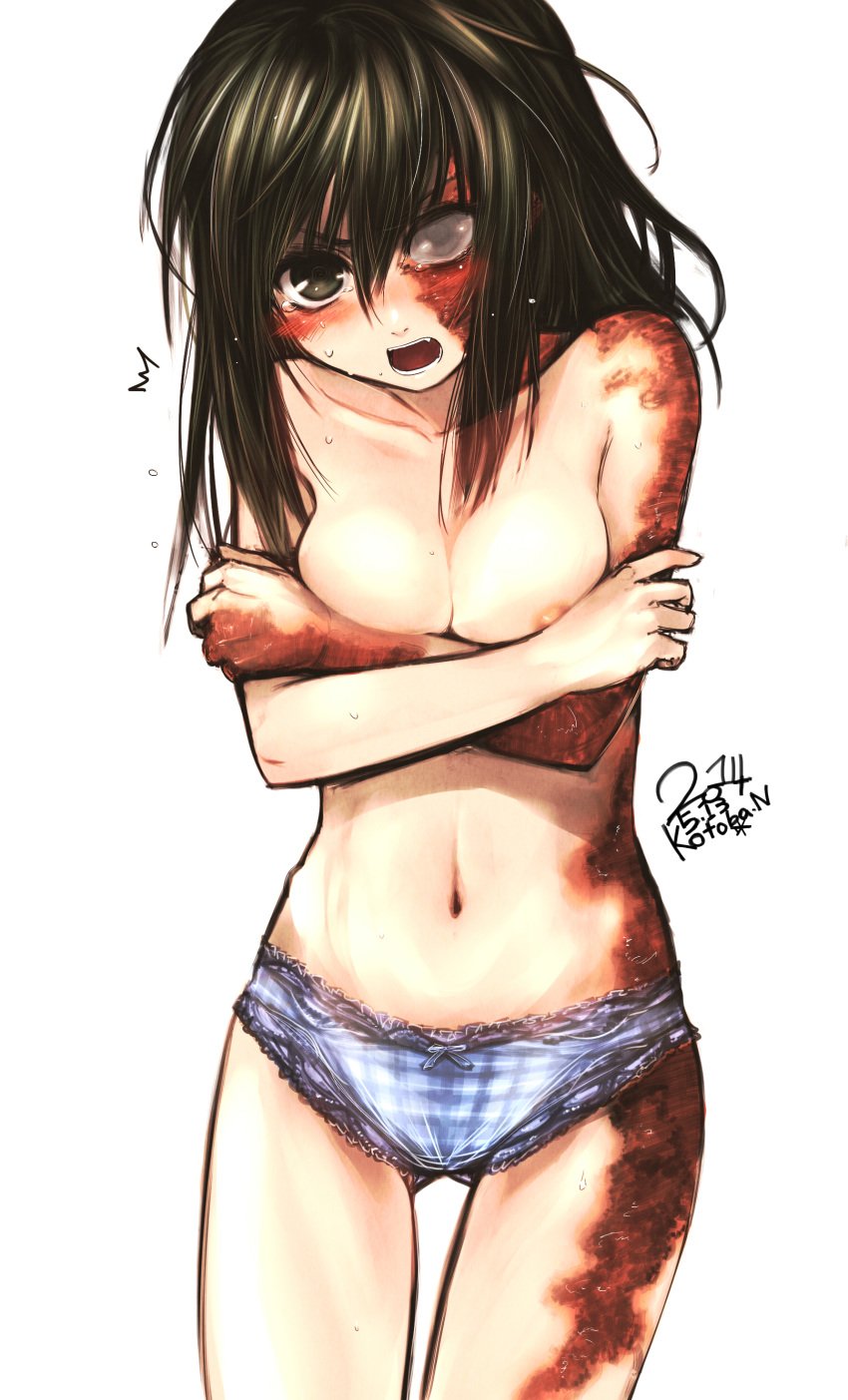 absurdres brown_eyes brown_hair burn_mark covering covering_breasts female grey_eyes highres injury karahara_shima kotoba_noriaki nipple_slip nipples no_bra original panties scar signature simple_background tears underwear