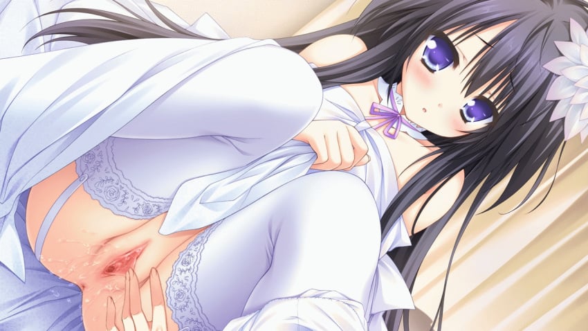 animated animated ass black_hair blue_eyes blush choker fingering game_cg garter long_hair looking_at_viewer lump_of_sugar moekibara_fumitake no_panties pussy pussy_juice sekai_to_sekai_no_mannaka_de shiratori_aira spread_pussy thighhighs uncensored