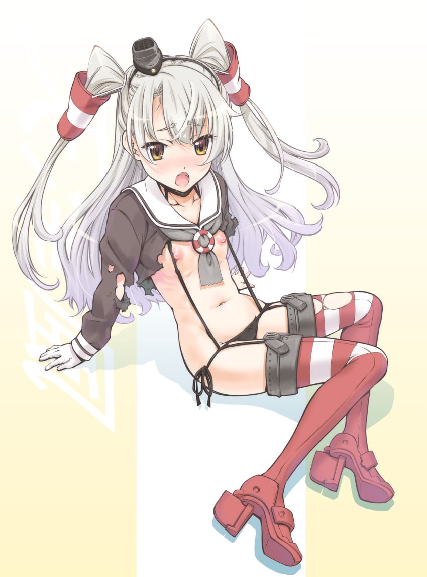 amatsukaze_(kantai_collection) black_panties blush brown_eyes female garter_straps gloves highres kantai_collection long_hair looking_at_viewer nipples open_mouth panties personification red_legwear school_uniform serafuku silver_hair single_glove solo striped striped_legwear suzuki24 thighhighs tied_hair twintails underwear