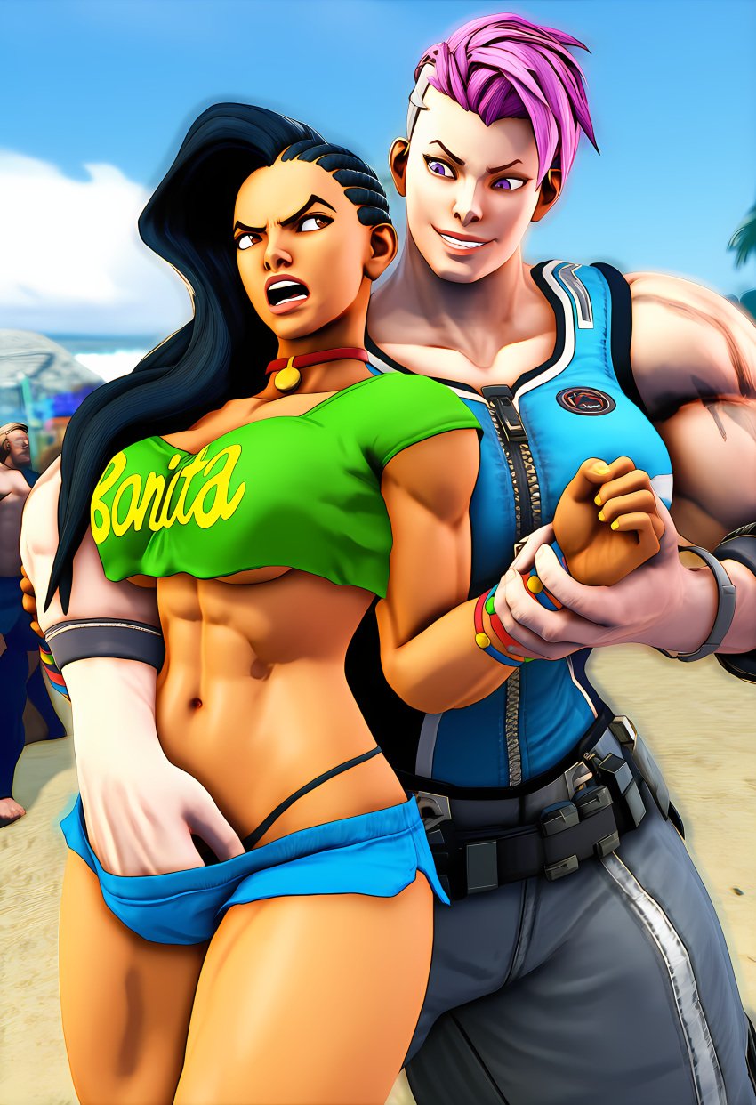 2girls 3d ai_generated angry asymmetrical_hair beach bearhug blue_shorts breasts capcom clothed_sex cornrows crop_top dark_skinned_female dreadlocks female fingering from_behind green_shirt groping interracial laura_matsuda light-skinned_female muscular muscular_female overwatch pink_hair reach_around shorts smiling street_fighter wrestling zarya