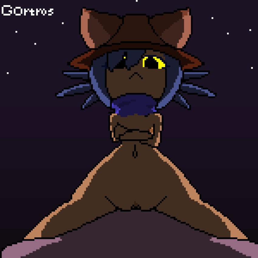 1boy 1girls 2d ankha_ride_(minus8) arms_crossed blue_hair breasts brown_body brown_fur cat_ears cat_humanoid cowgirl_position dominant_female female female_focus female_penetrated first_person_view gortros hat looking_at_partner looking_at_viewer looking_down male male_pov meme navel night niko_(oneshot) oneshot penis pixel_art pov pov_eye_contact pov_male purple_background remake riding riding_cock riding_penis sex short_hair small_breasts smug whiskers wip