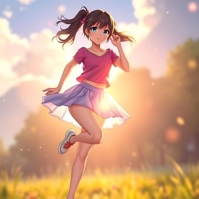 ai_generated brown_hair cute knee_up pose running twintails