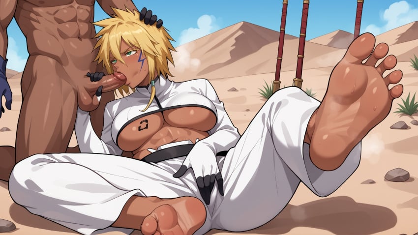 1boy 1girls abs ai_generated arrancar barefoot between_toes bleach blonde_hair blowjob blush breasts caressing_testicles dark-skinned_female dark-skinned_male dark_skin day erection erosaga feet fellatio female fingering fingerless_gloves foot_focus foot_hold footjob gloves green_eyes large_breasts masturbating_during_fellatio masturbation muscular oral outdoors palm_tree pants penis plant pubic_hair soles straight testicles tier_harribel toes tree uncensored underboob