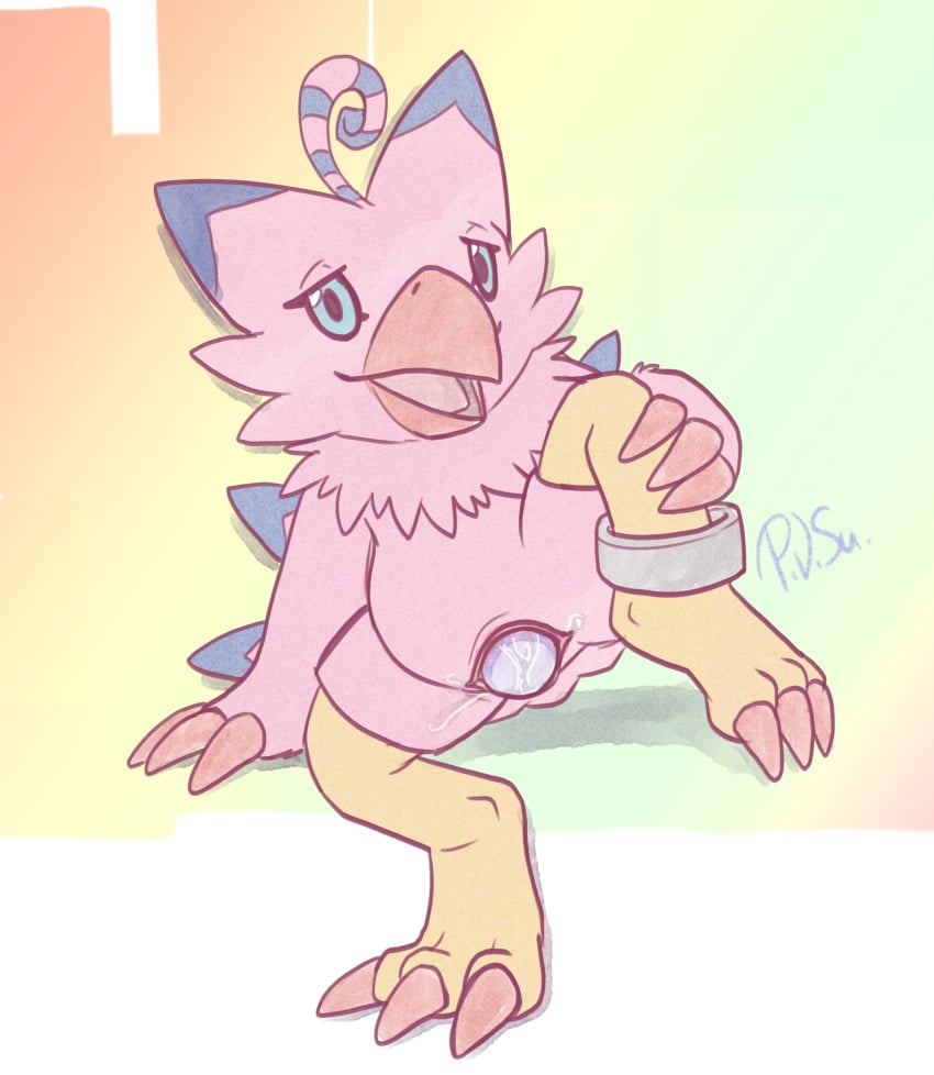 1girls animal_genitalia anthro avian bandai_namco beak bird biyomon blue_eyes claws cloaca digimon digimon_(species) egg egg_laying female female_only genitals hi_res leaking neck_tuft open_beak open_mouth p.v.su pink_body solo tuft