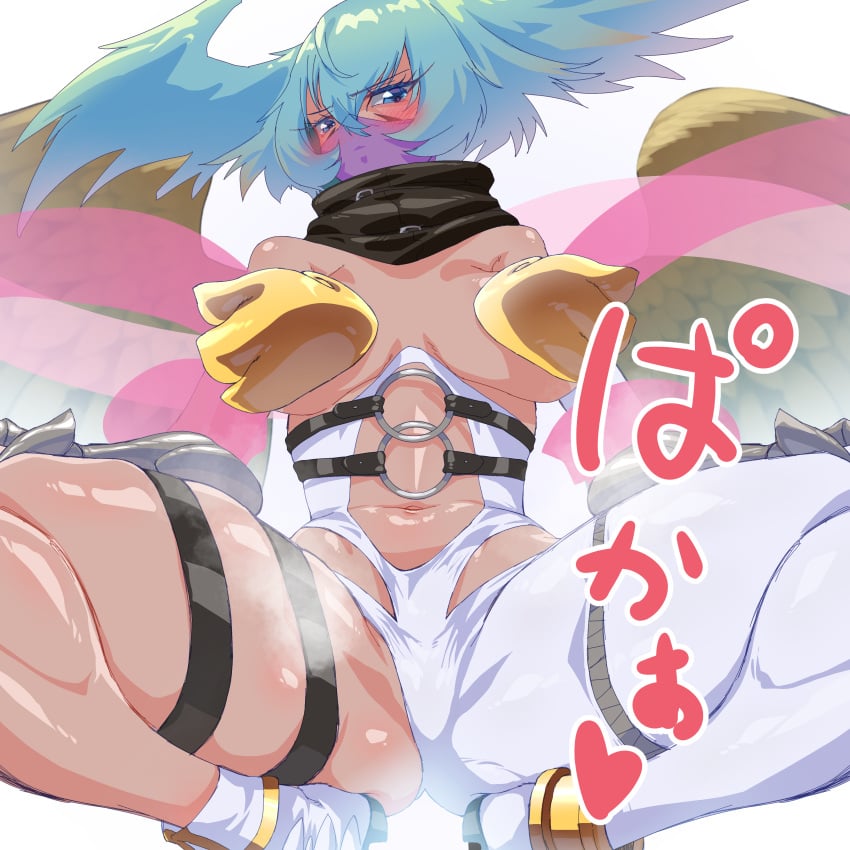 1girls asymmetrical_clothes bare_shoulders big_breasts breasts clothes_swap collarbone covered_mouth cute digimon digimon_(species) digital_media_(artwork) elbow_gloves feathered_wings female female_only gerusyu gloves head_wings highres large_breasts looking_at_viewer mask shiny_skin shutumon simple_background solo squatting wings wrist_wings zephyrmon
