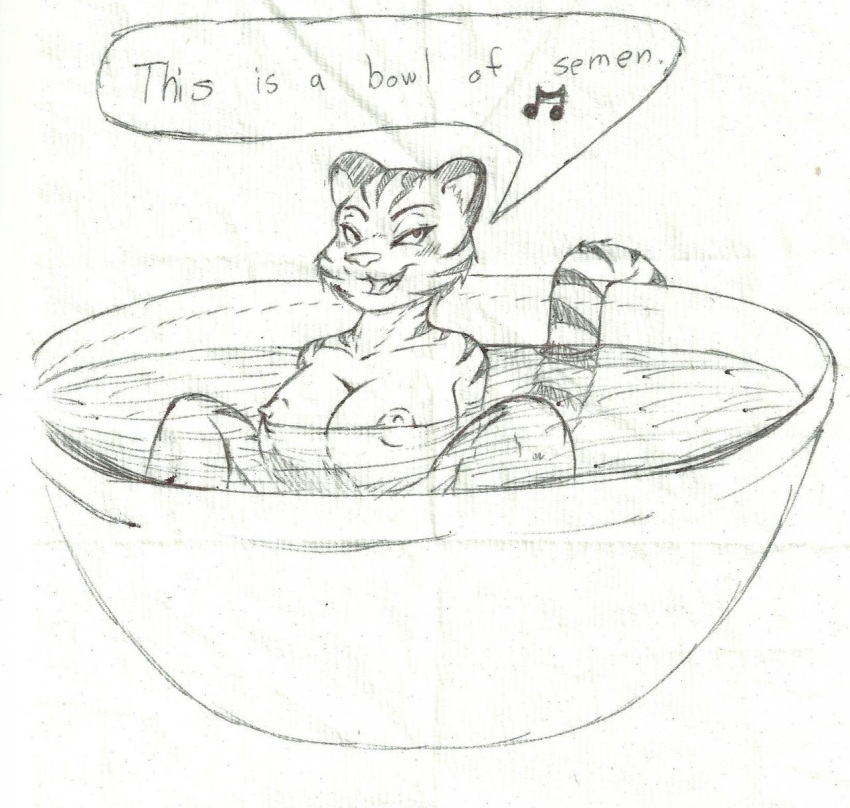 2014 anthro bowl breasts cum dialog english_text fangs feline female fur looking_at_viewer mammal nipples open_mouth plain_background rheumatism sitting smile solo stripes text tiger white_background