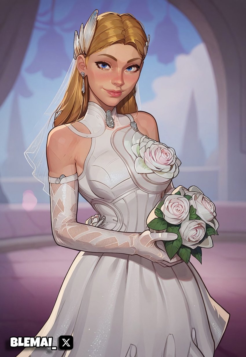 1girls ai_generated blemai blonde_hair blue_eyes bridal_veil bride female invisible_woman invisible_woman_(marvel_rivals) looking_at_viewer marvel marvel_comics marvel_rivals smile solo sue_storm wedding_dress wedding_veil